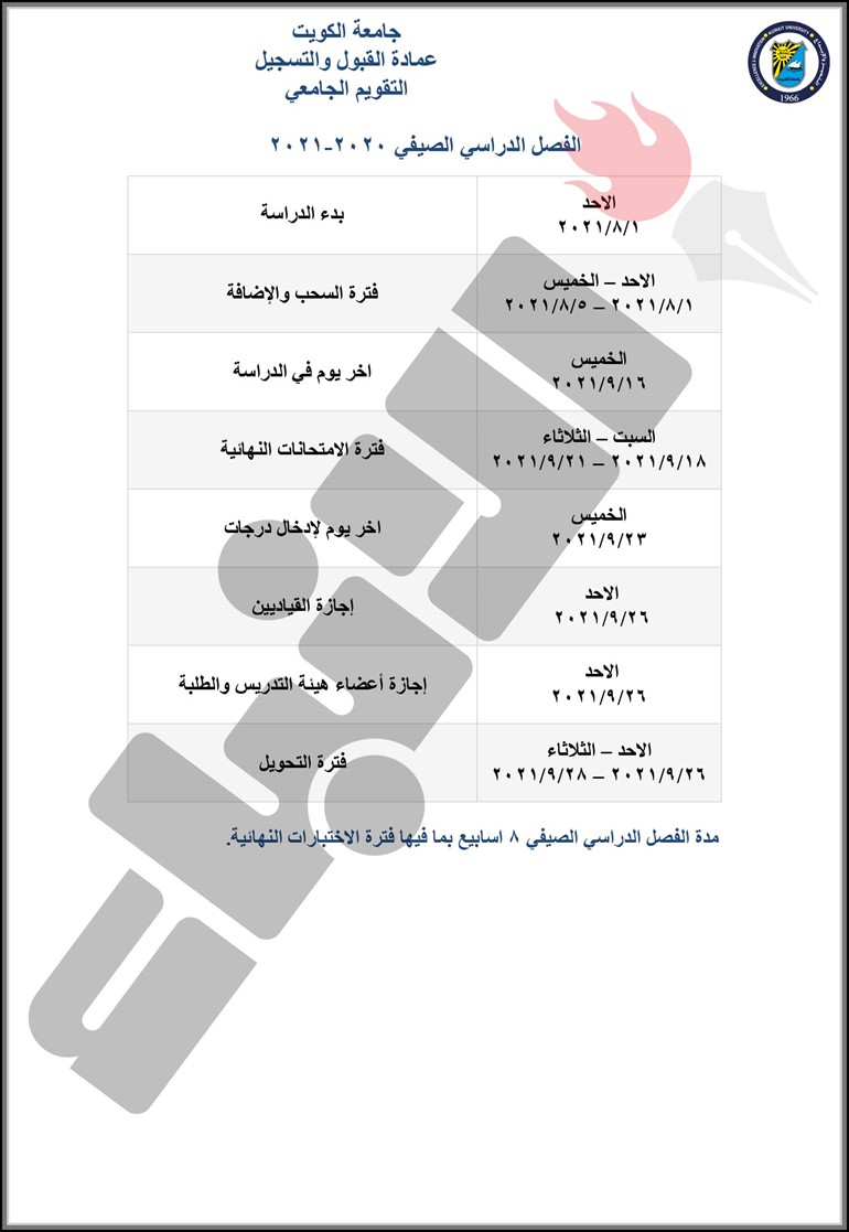 جامعة الكويت تعتمد التقويم الجامعي الجديد : بدء الدراسة 9 أغسطس لمدة 6 أسابيع