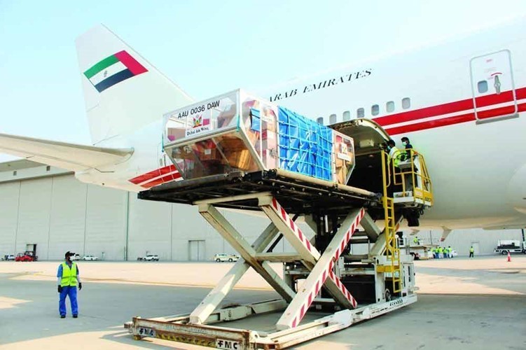  طائرة اماراتية تشحن بالمساعدات قبل توجهها من مطار دبي الى لبنان     (أ.ف.ب)