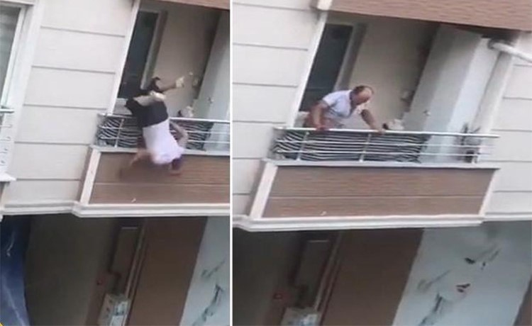 بالفيديو.. رجل يتشاجر مع جيرانه ويسقط بشكل مفاجئ من شرفة منزله