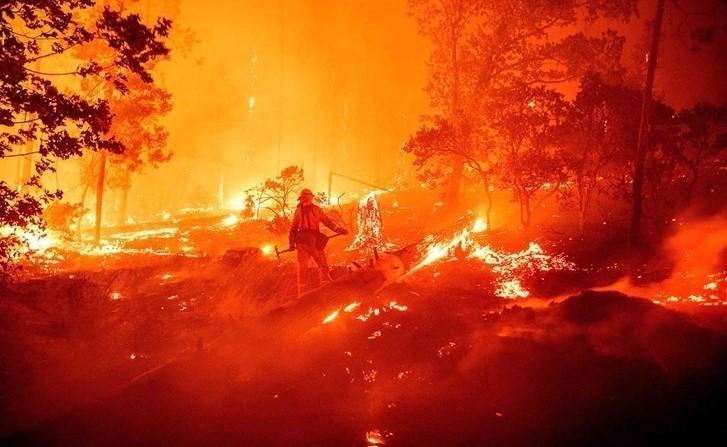 إطفائي يحاول منع وصول الحرائق للمنازل بإحدى غابات كاليفورنيا(أ.ف.پ)