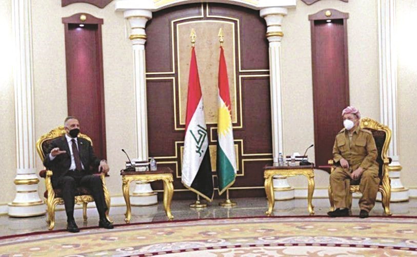 رئيس الحزب الديموقراطي الكردستاني مسعود بارزاني مستقبلا رئيس الوزراء العراقي مصطفى الكاظمي (واع)
