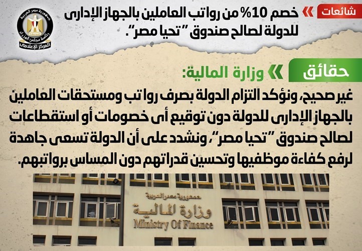 القاهرة: لا صحة لخصم 10% من رواتب العاملين بالجهاز الإداري للدولة لصالح «تحيا مصر»