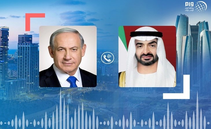 صاحب السمو الشيخ محمد بن زايد ولي عهد أبوظبي نائب القائد الأعلى للقوات المسلحة في الإمارات ورئيس الوزراء الإسرائيلي بنيامين نتنياهو					(وام)