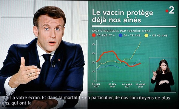 الرئيس الفرنسي ايمانويل ماكرون متحدثا عبر التلفزيون	(أ.ف.پ)