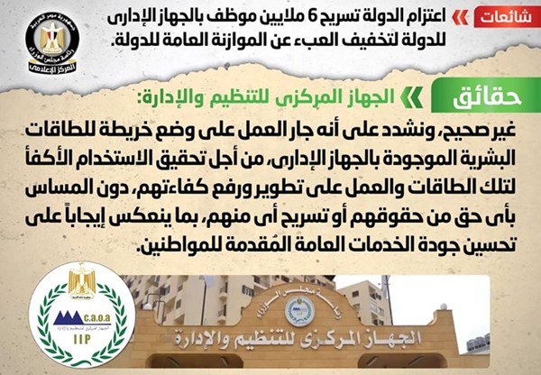 الحكومة المصرية تنفي تسريح 6 ملايين موظف بالجهاز الإداري للدولة لتخفيف العبء عن الموازنة