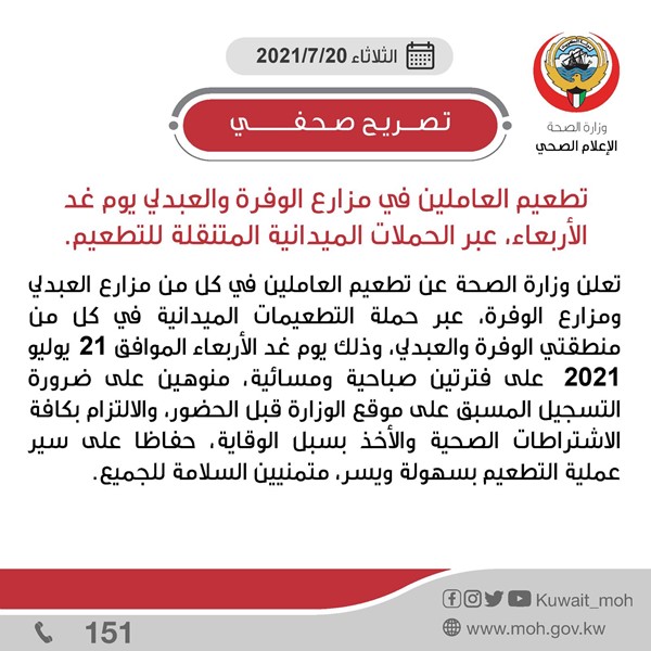 "الصحة": تطعيم العاملين في مزارع الوفرة والعبدلي يوم غد الأربعاء عبر الحملات الميدانية المتنقلة للتطعيم