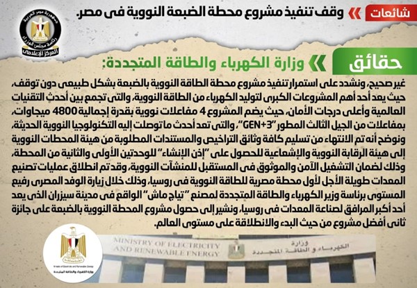 الحكومة المصرية: لا صحة لوقف تنفيذ مشروع محطة الضبعة النووية