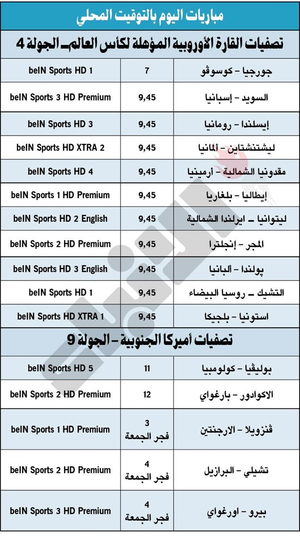 جدول مباريات اليوم بالتوقيت المحلى