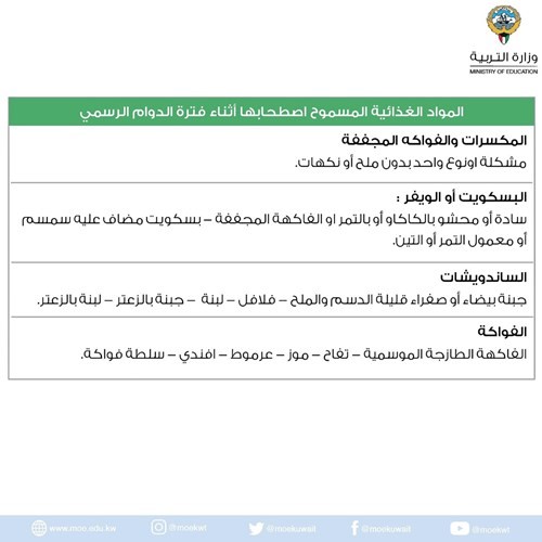المواد الغذائية المسموح اصطحابها أثناء فترة الدوام الرسمي