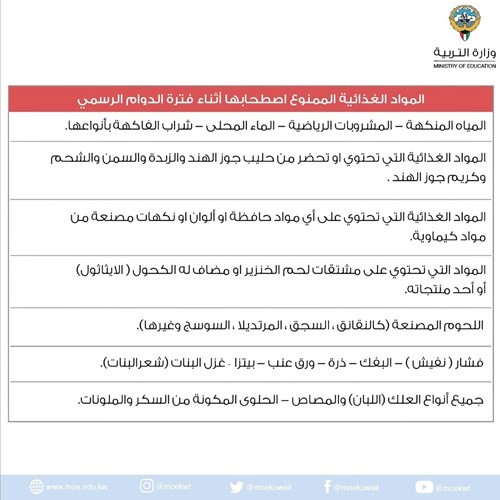 المواد الغذائية الممنوع اصطحابها أثناء فترة الدوام الرسمي
