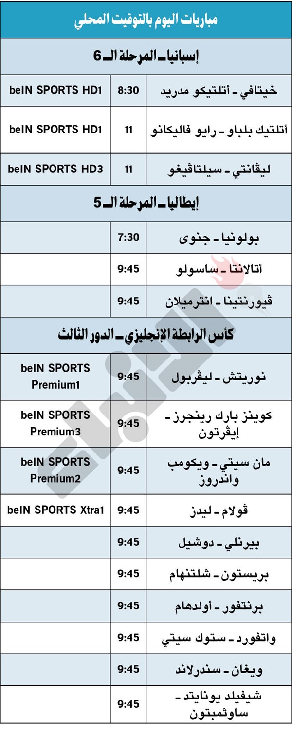 جدول مباريات اليوم بالتوقيت المحلى