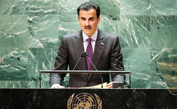 أمير قطر سمو الشيخ تميم بن حمد آل ثاني ملقيا كلمته أمام الجمعية العامة للأمم المتحدة (أ.ف.پ)