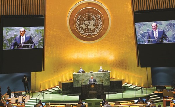ممثل صاحب السمو الأمير الشيخ نواف الأحمد سمو رئيس مجلس الوزراء الشيخ صباح الخالد يلقي كلمة الكويت أمام الدورة 76 للجمعية العامة للأمم المتحدة