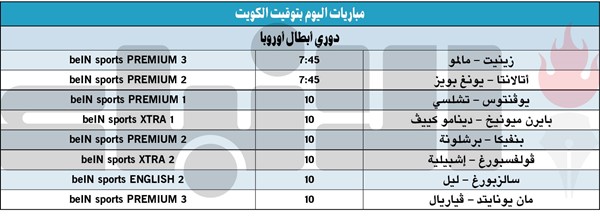 جدول مباريات اليوم بالتوقيت المحلى