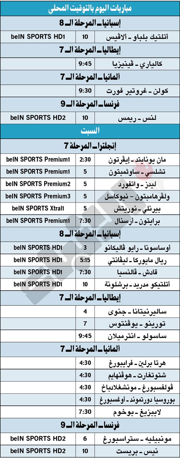 جدول مباريات اليوم بالتوقيت المحلى