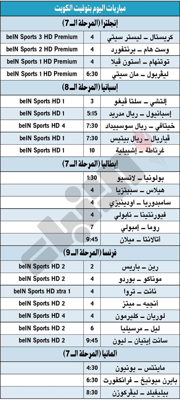 جدول مباريات اليوم بالتوقيت المحلى