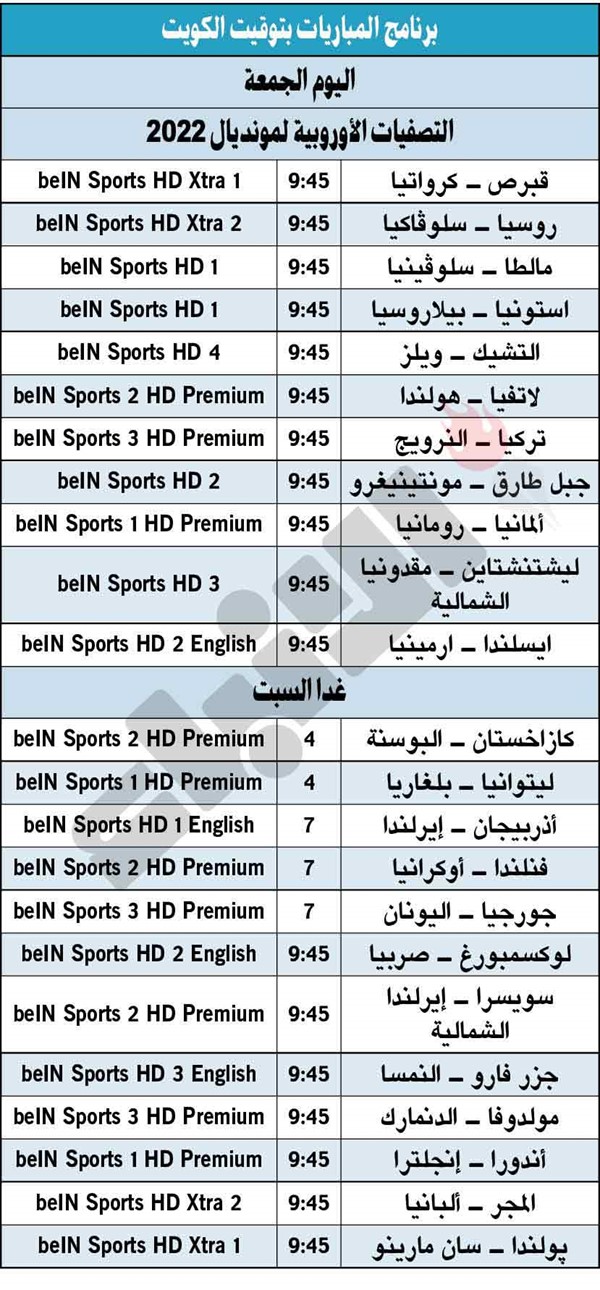 جدول مباريات اليوم بالتوقيت المحلى