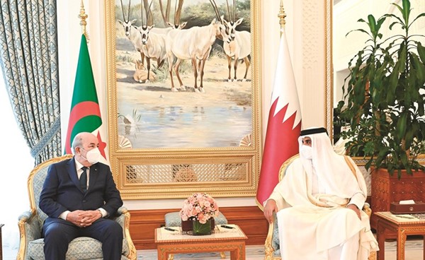 صاحب السمو أمير قطر الشيخ تميم بن حمد آل ثاني والرئيس الجزائري عبدالمجيد تبون خلال مباحثاتهما في الدوحة أمس 	(قنا)