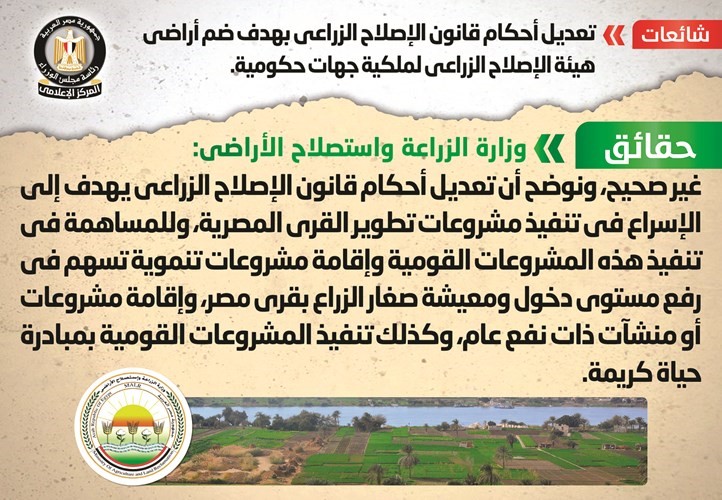 الحكومة المصرية تنفي تعديل قانون الإصلاح الزراعي لضم أراضي الهيئة لملكية جهات حكومية
