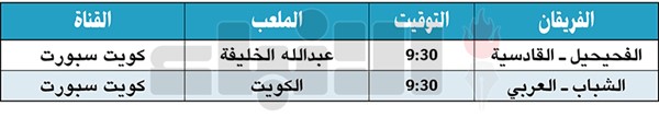 القادسية والعربي يلتقيان الفحيحيل والشباب