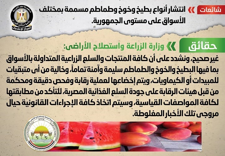 الحكومة المصرية تنفي انتشار أنواع بطيخ وخوخ وطماطم مسممة