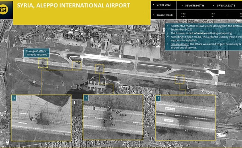 صورة أقمار اصطناعية وزعتها شركة امجسات تظهر الاضرار الجسيمة التي لحقت بمدرج مطار حلب (أ.ف.ب)