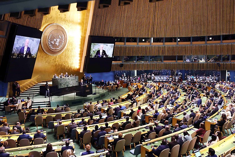 الرئيس الأميركي جو بايدن ملقيا كلمته أمام الدورة 77 للجمعية العامة للأمم المتحدة		(أ.ف.پرويترز)