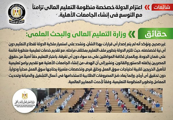 مصر.. الحكومة تنفي خصخصة التعليم العالي بعد التوسع في الجامعات الأهلية
