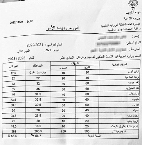 نسخة من شهادة نجاح الطالب استخرجت في 20 نوفمبر الجاري