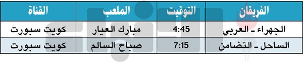 العربي يواجه الجهراء.. والساحل يلتقي التضامن
