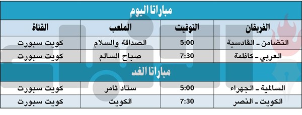 القادسية والعربي في مواجهة التضامن وكاظمة اليوم