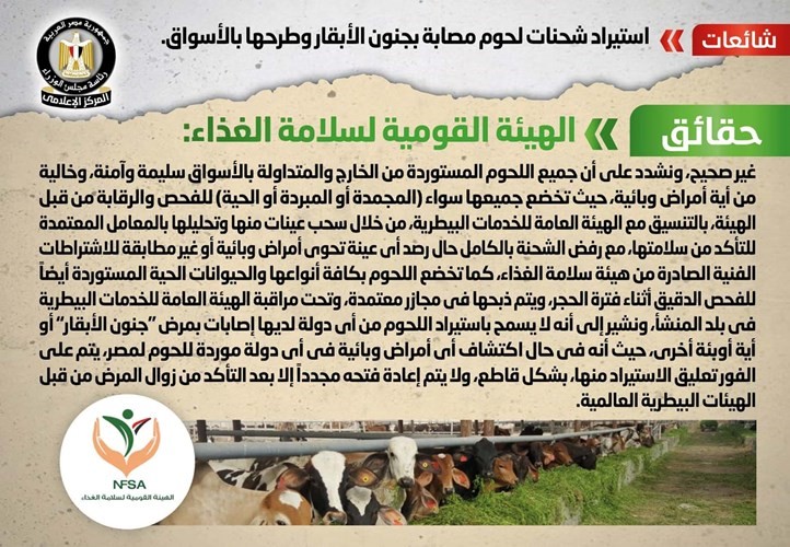 الحكومة تنفي استيراد شحنات لحوم مصابة بجنون الأبقار وطرحها بالأسواق