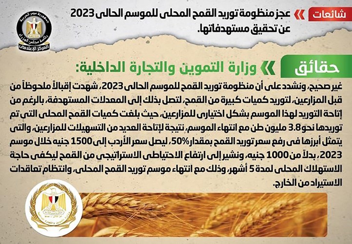 الحكومة: لا صحة لعجز منظومة توريد القمح المحلي لموسم 2023 عن تحقيق مستهدفاتها