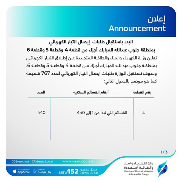 بدء استقبال طلبات إيصال التيار الكهربائي لـ"جنوب عبدالله المبارك"