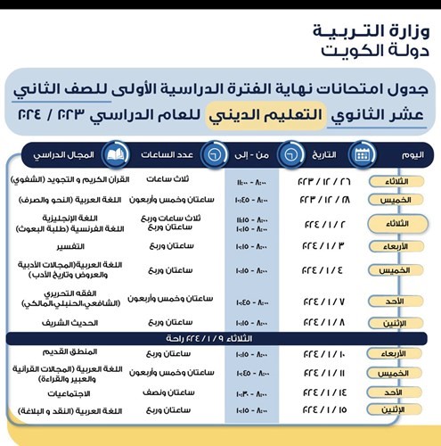 جدول اختبارات نهاية الفترة الدراسية الأولى للصف الثاني عشر الثانوي - التعليم الديني