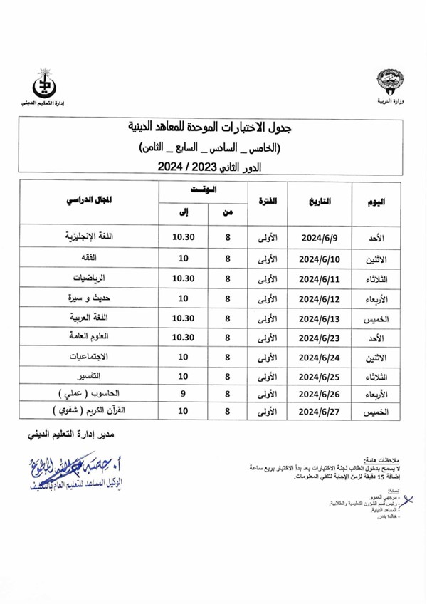 «التربية» اعتمدت جداول امتحانات الدور الثاني لصفوف التعليم الديني