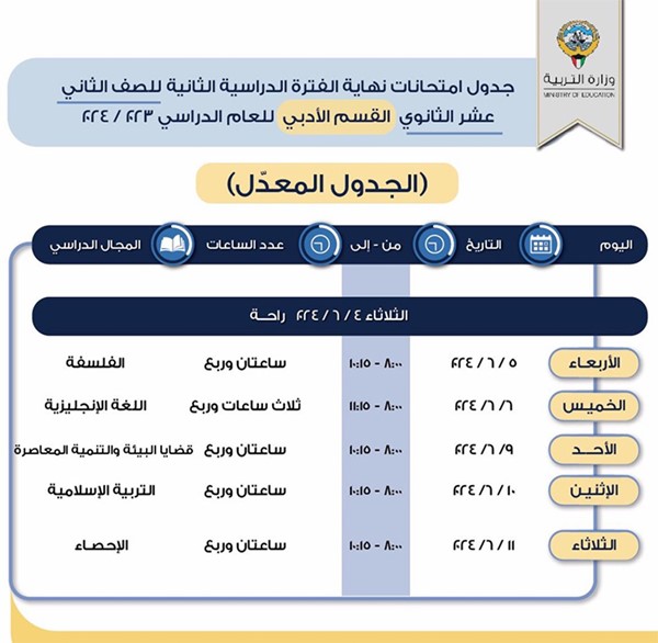 "التربية" تعلن جدول الامتحانات "المعدل" للصف الثاني عشر