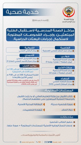 «الصحة» تعلن جاهزية مراكز الصحة المدرسية لاستقبال الطلبة المبتعثين لإجراء الفحوصات المطلوبة