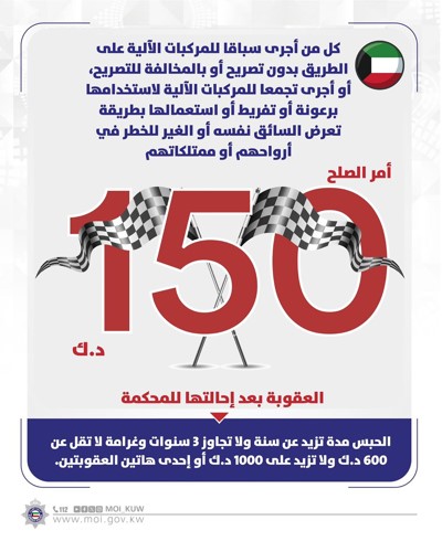 «الداخلية»: غرامة إجراء سباق من دون تصريح 150 ديناراً