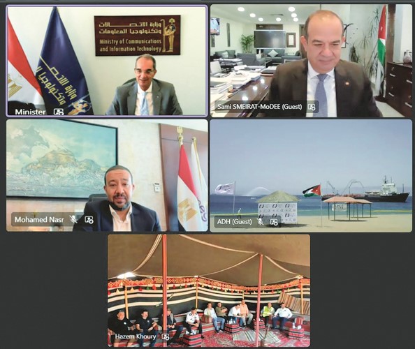 د.عمرو طلعت وزير الاتصالات وم.سامي السميرات وزير الاقتصاد الرقمي الأردني يشهدان عبر الڤيديو إنزال نظام الكيبل البحري كورال بريدج بالعقبة