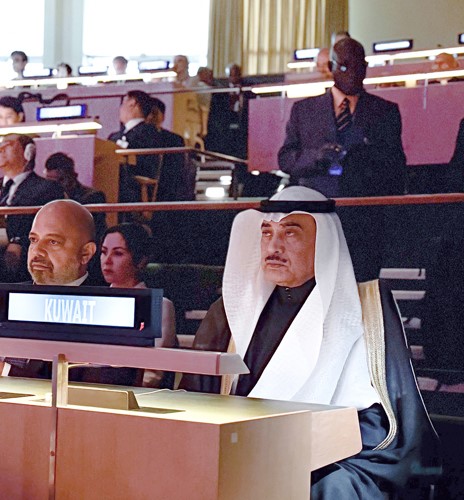ممثل صاحب السمو الأمير الشيخ مشعل الأحمد سمو ولي العهد 
الشيخ صباح الخالد خلال مشاركته في الاجتماع رفيع المستوى بمناسبة ذكرى مرور 80 عاما على تأسيس الأمم المتحدة