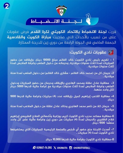 «الانضباط» تصدر عقوبات بحق الكويت والقادسية