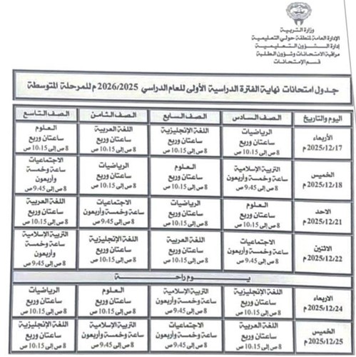 اعتماد جدول امتحانات الفترة الدراسية الأولى للمرحلة المتوسطة