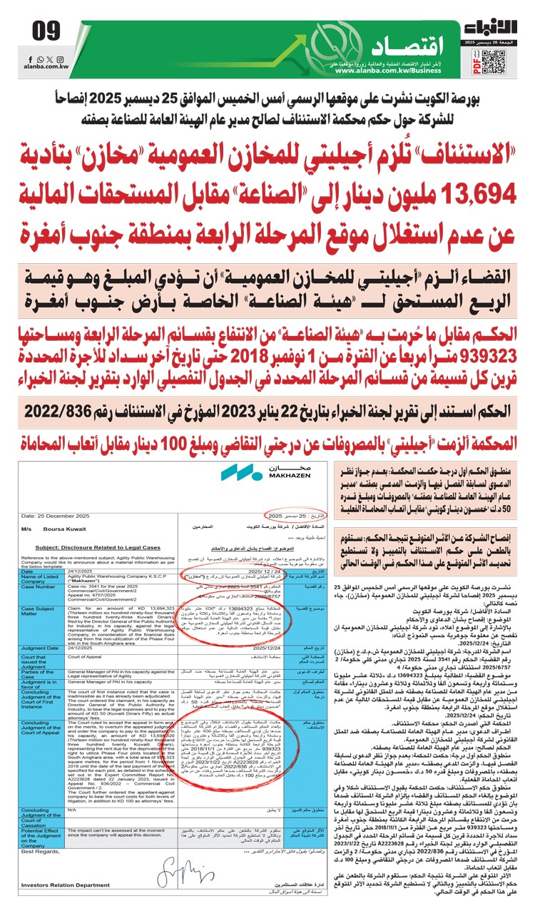  الاستئناف تلزم أجيليتي للمخازن العمومية مخازن بتأدية 13.694 مليون دينار إلى الصناعة مقابل المستحقات المالية عن عدم استغلال موقع المرحلة الرابعة بمنطقة جنوب أمغرة