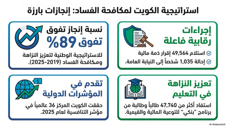%89 نسبة إنجاز إستراتيجية الكويت لتعزيز النزاهة ومكافحة الفساد