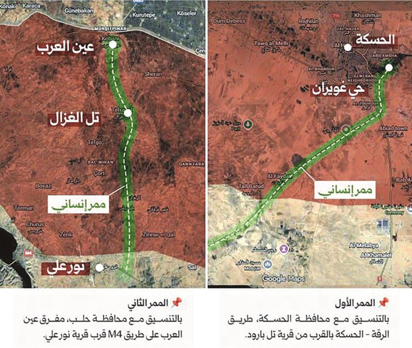 خريطة نشرتها سانا للممرين في حلب والحسكة