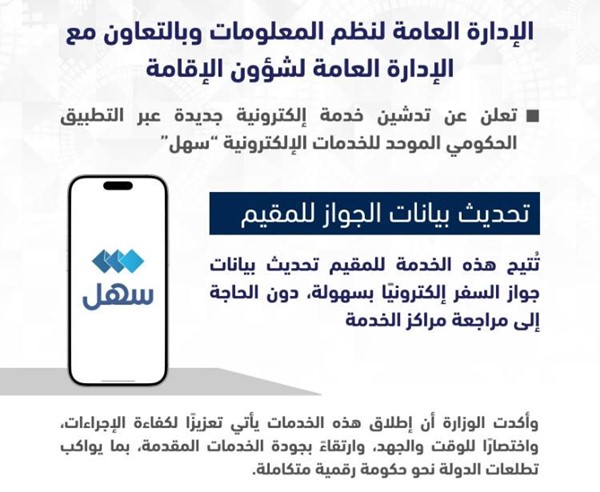 «الداخلية» : تدشين خدمة تحديث بيانات جواز سفر الوافدين عبر تطبيق «سهل»