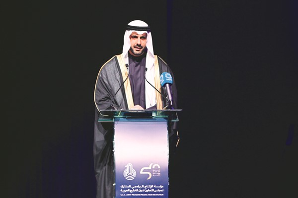 المدير العام لمؤسسة الإنتاج البرامجي المشترك لمجلس التعاون لدول الخليج العربية الشيخ مبارك فهد الجابر متحدثا(أحمد علي)