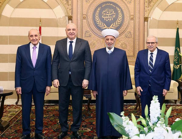  مفتي لبنان الشيخ عبد اللطيف دريان مستقبلا الرئيس جوزف عون ورئيس المجلس النيابي نبيه بري ورئيس الحكومة د.نواف سلام (محمود الطويل)
