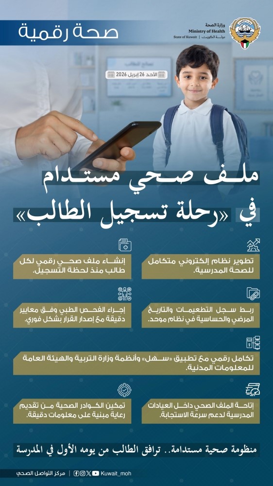 «الصحة» تطلق «ملف صحي مستدام» للطلبة ضمن منظومة رقمية متكاملة للصحة المدرسية